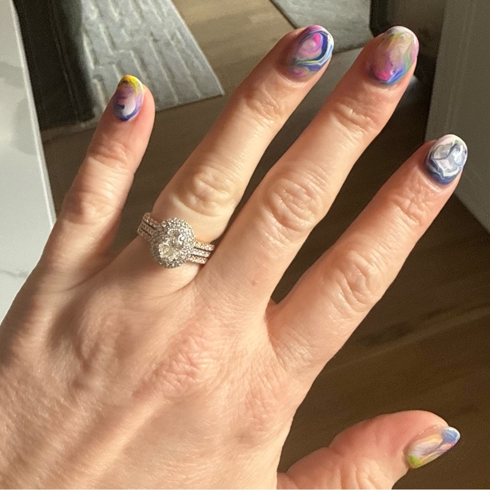 14k Halo Oval Diamond Engagement Ring with 2 rose gold diamond pavè bands. - Picture 6 of 12
